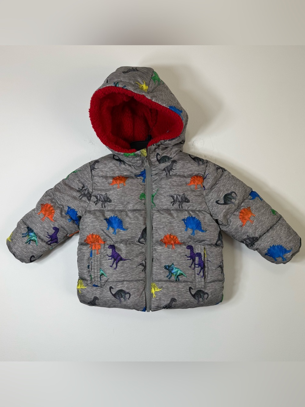 Swiss Tech 18M Dinosaur Puffer Jacket Gray Red Fleece Lining Hooded Winter Coat